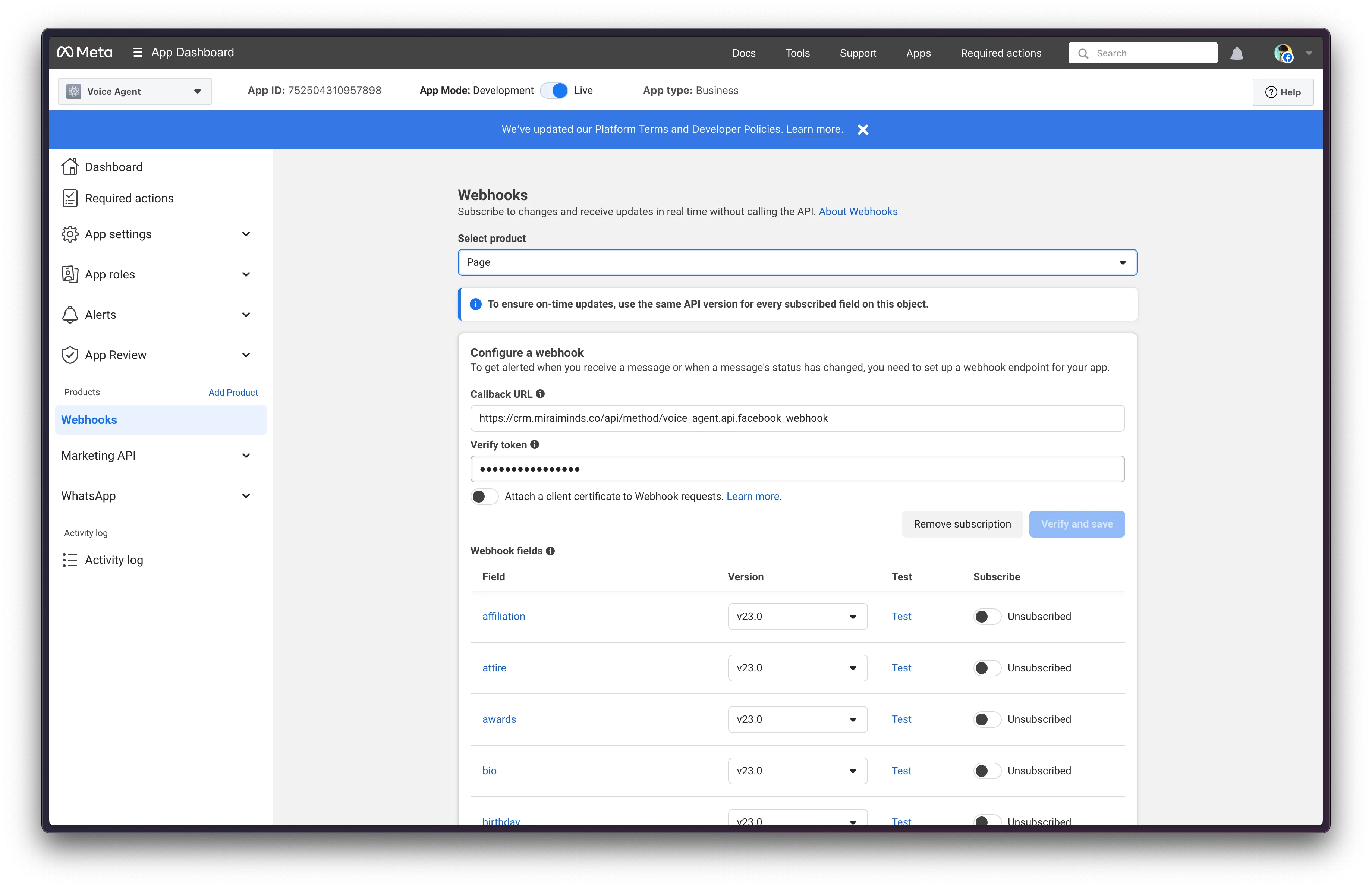 Facebook App Connected with Frappe Custom App URL